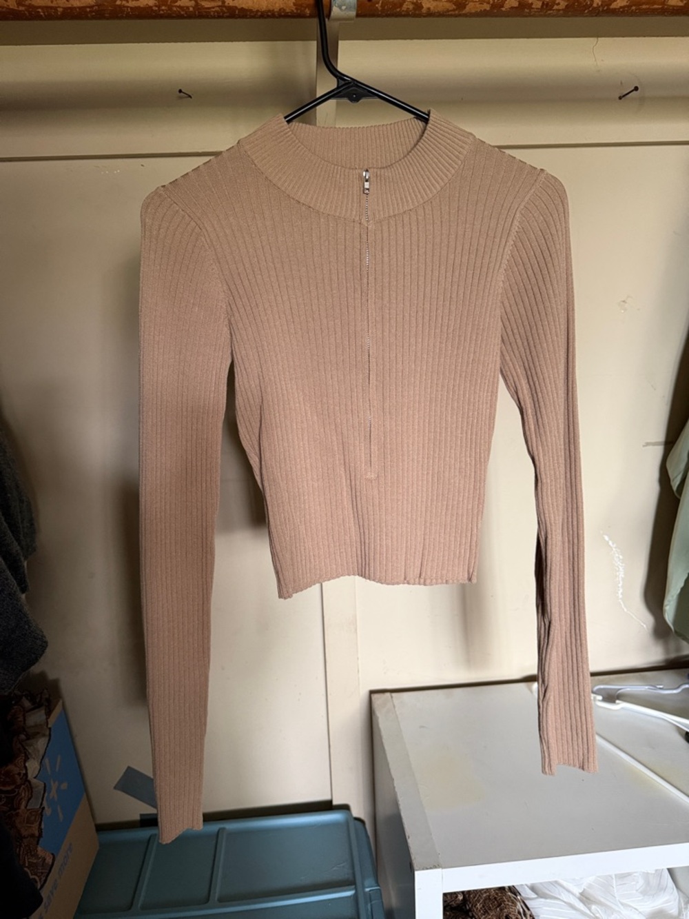 Better Be Ribbed Mock Neck Zip-Front Long Sleeve Top - Tan
